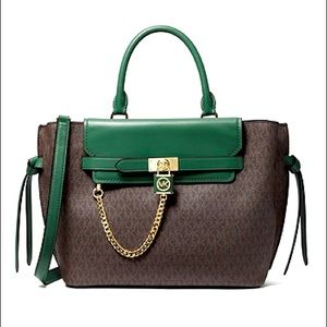 MICHAEL KORS Hamilton Legacy Large Logo Belted Satchel in Moss